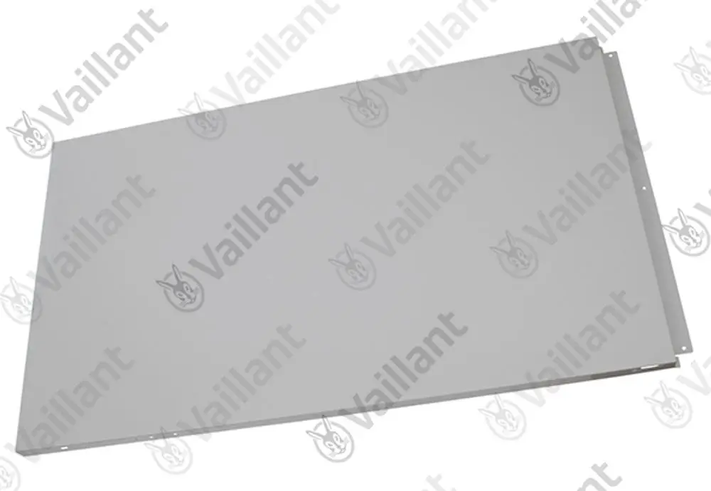 Vaillant Seitenblech in grauer Farbe, rechteckige Form mit angeklebtem Markenlogo, geeignet für Heizsysteme.